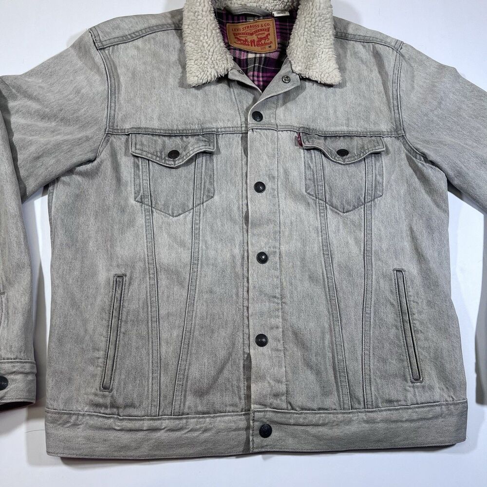 Levi's Flannel Lined Washed Gray Denim Trucker Jacket Sherpa Collar Women's Med - Picture 7 of 13